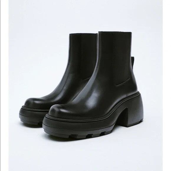 Zara Lug Sole Heeled Leather Ankle Boots Black - 6½ - Picture 6 of 7